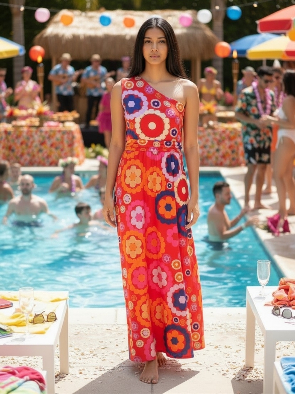 Made with Love Retro Hot Pink Floral One Shoulder Maxi Dress Pockets Medium